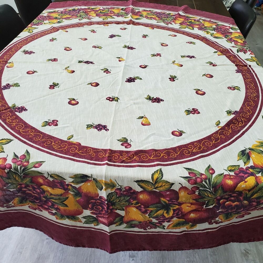 Vintage 70s Tablecloth Printed 70" diam Round Burgundy Cream Fruit Border Flaws